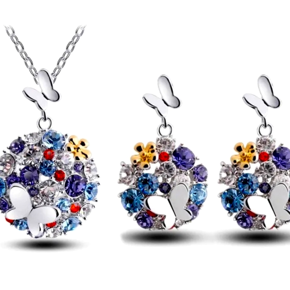 Salegorgeous Butterfly Crystals Drop Earrings & Matching Necklace L